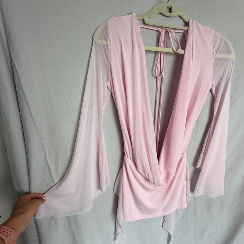 Whimsical Pink Romper Romantic Bell Sleeve Ruffle Open Back Draped Front XS